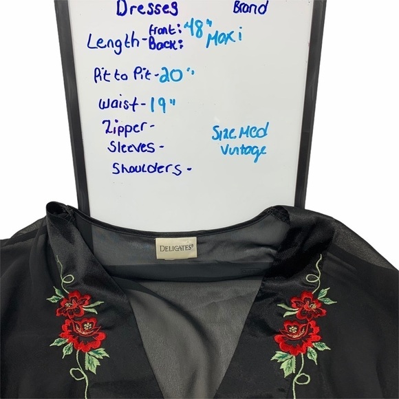 VTG Delicates Black Embroidered Red Roses V Neck Cap Sleeves Maxi Gown Medium - Picture 7 of 16